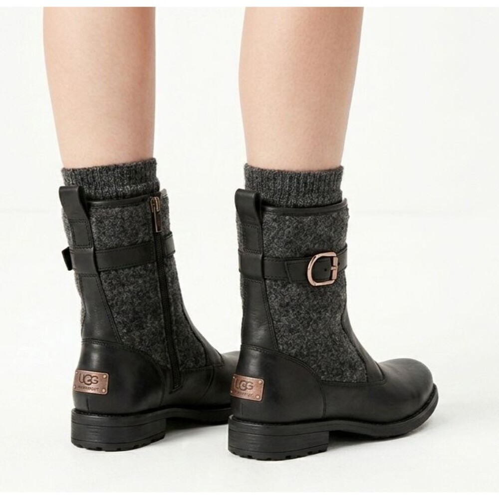 UGG Robbie Black Waterproof Leather Wool Winter Boots Mid Calf Womens 8 EUC